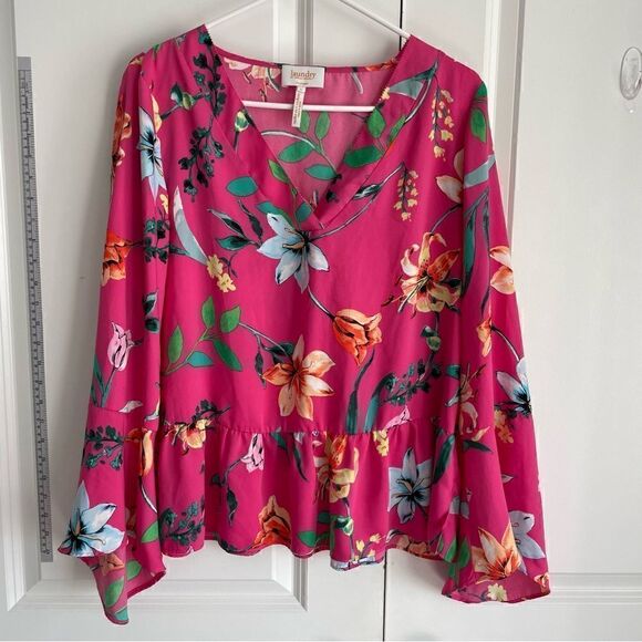 Laundry by Shelli Segal Pink Floral Bell Sleeve Blouse Women Large Ruffle Waist - Picture 1 of 10